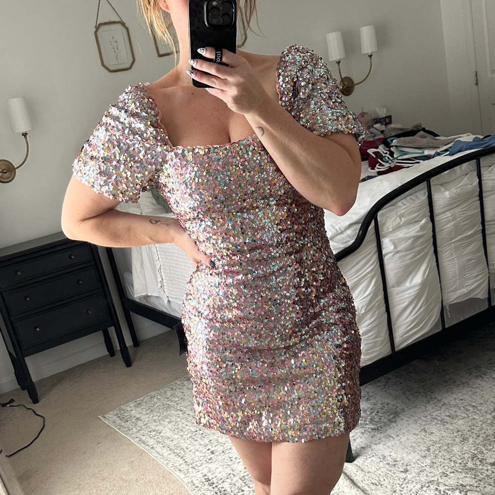 Sequin Puff Sleeve Mini Dress NWT